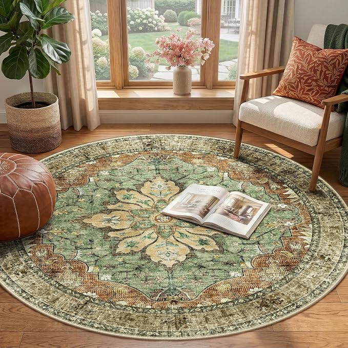 RELEANY Washable Area Rug, Round 4ft, Brick/Brown/Green | Non-Slip, Water - Image 2