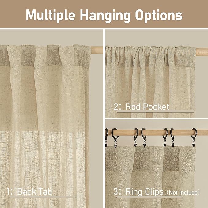 Linen Curtains 40 Inch Length 2 Panels, Light Filtering Panels | Semi Sheer - Image 2