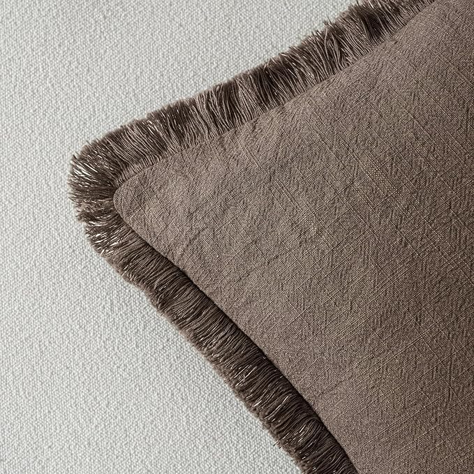 MIULEE Linen Fringe Decorative Fall Euro Throw Pillow Covers Coffee 24x24 | Set - Image 3