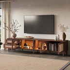 Merax Rattan TV Stand with LED Lights, Solid Wood Feet, Living Room, Bedroom - Image 3
