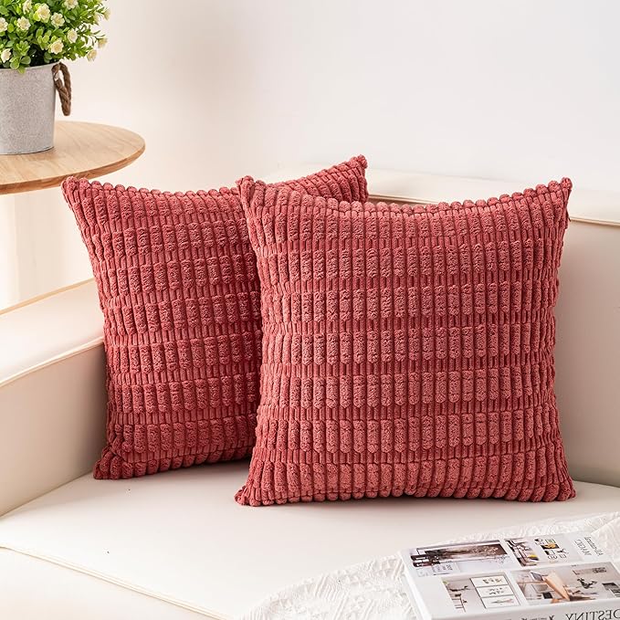 Pack of 2 Corduroy Decorative Throw Pillow Covers 16x16 Inch, Cranberry Red | by Unknown