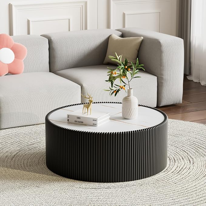 SSLine Round Drum Coffee Table Modern Sintered Stone Top Coffee Table in Black - Image 4