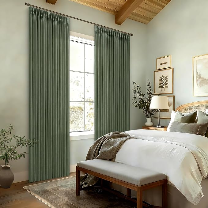 Pinch Pleat Linen Olive Green Semi Sheer Curtains 105 Inch Long | Pleated Thick - Image 8