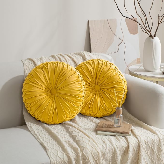 HIG Set of 2 Yellow Velvet Decorative Round Pleated Throw Pillows | Vintage - Image 2