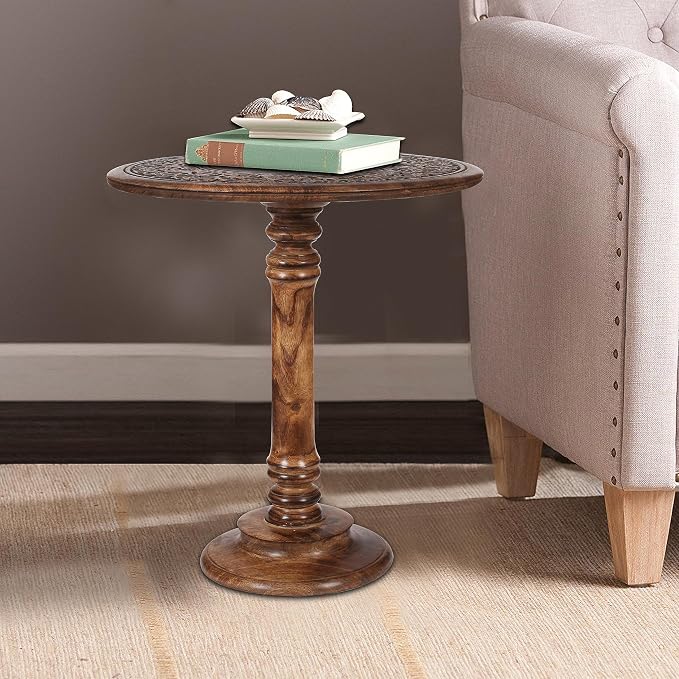 Lightnpro Hand Carved Solid Mango Wood Round Pillar Accent Table - Image 8