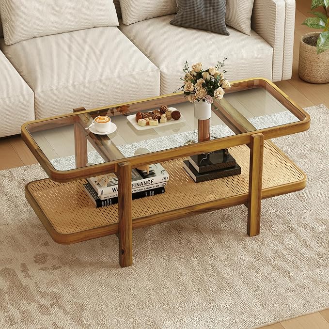 Giantex Rattan Coffee Table, 47.5" Rectangle Solid Wood Tea Table w/Tempered by Giantex