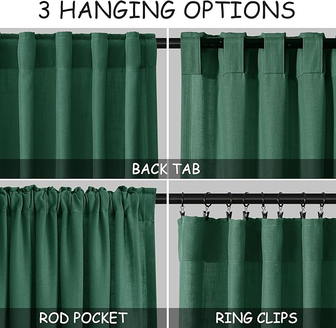 Dark Green Linen Curtains 96 Inches Long 2 Panels Set - Image 2
