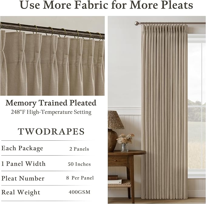 80 Inch Grey Beige Linen Pleated Memory Shaped Semi Sheer Curtains 50WxL80 | - Image 4