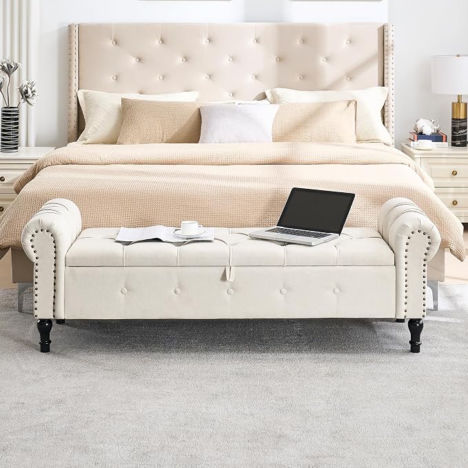 67" Storage Bench for Bedroom, Linen End of Bed - Image 3