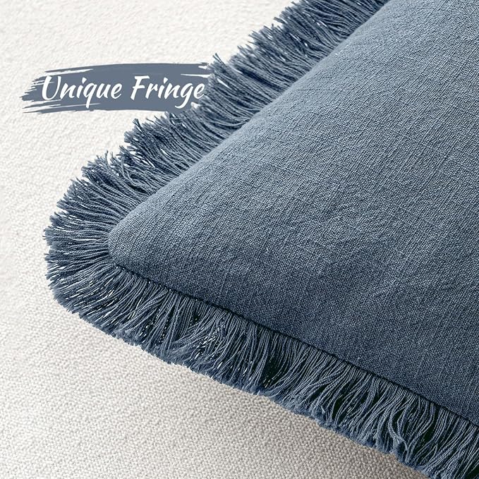 MIULEE Boho Linen Fringe Decorative Throw Pillow Covers Blue Ashes 18x18 | Set - Image 4