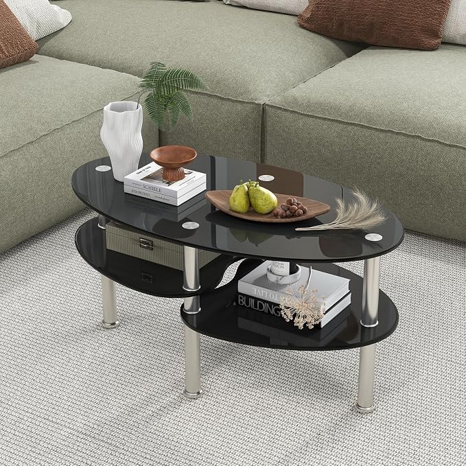 Tangkula Glass Coffee Table, 2-Tier Modern Oval Smooth Glass Tea Table End Table - Image 4