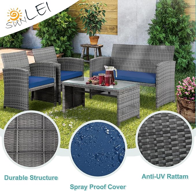 SUNLEI 4 Pcs Patio Ratten Set, Outdoor Furniture Set Wicker Conversation Set - Image 7