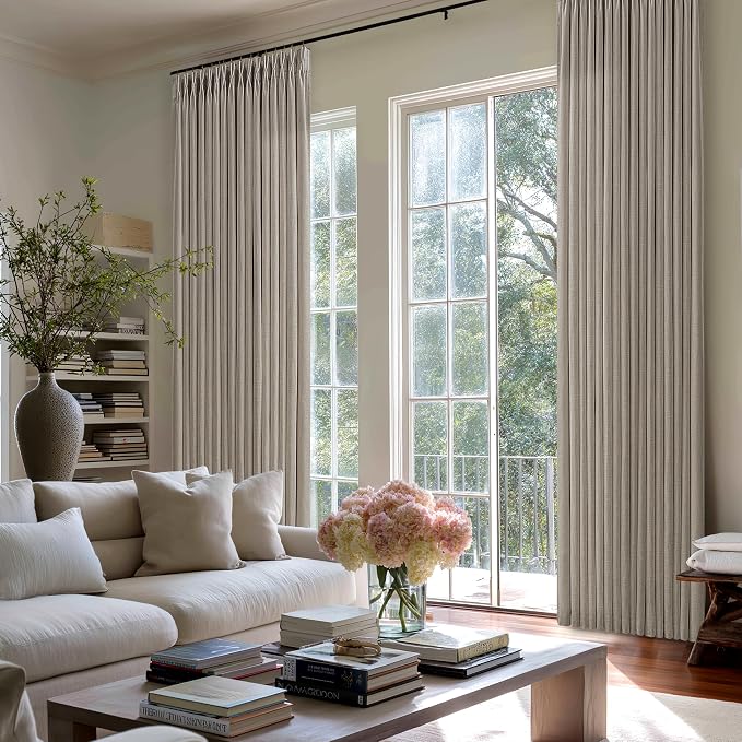 Pinch Pleated Taupe Linen Semi Sheer Curtains 84 Inches Long 2 Panels Set | - Image 8