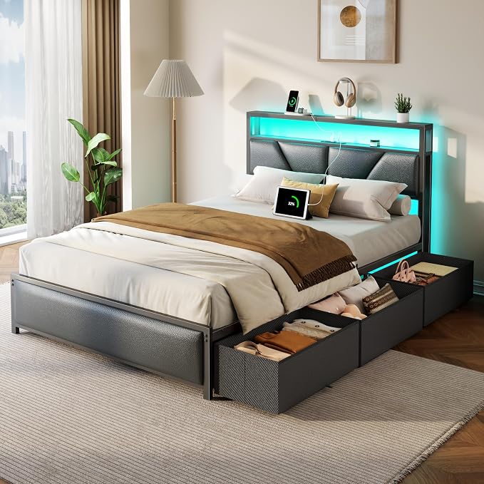 OURPIC Full Size Bed Frame, 2-Tier Storage Headboard & 6 Fabric Drawers - Image 8