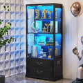 FREDEES Display Cabinet with Glass Doors, Tall Bookcase with 3 Color Lights and by FREDEES
