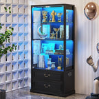 FREDEES Display Cabinet with Glass Doors, Tall Bookcase with 3 Color Lights and by FREDEES