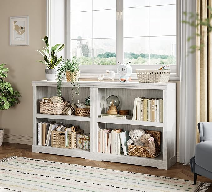LINSY HOME 2-Tier Bookcase and Bookshelf, Small Wood Display Storage Shelves - Image 2