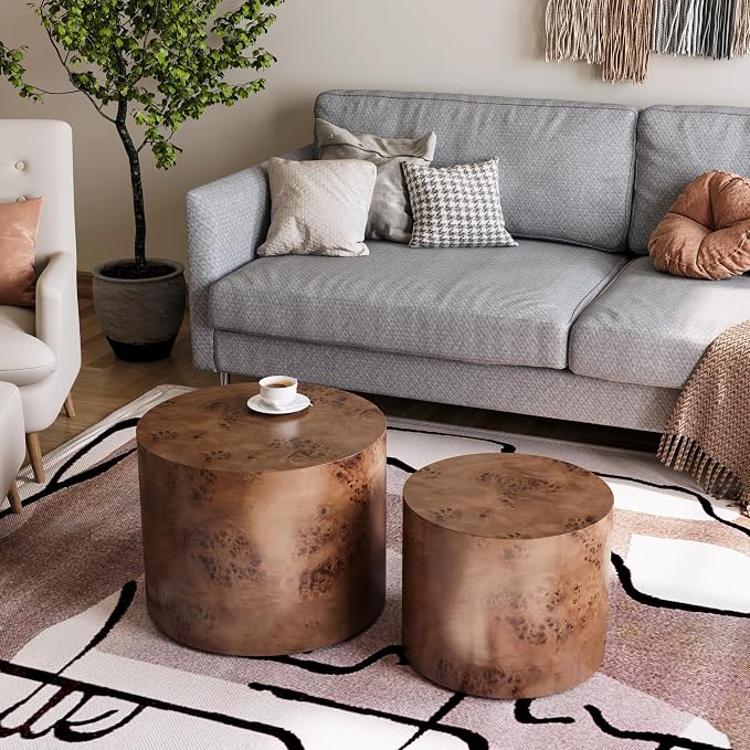 Round Nesting Coffee Table Set of 2, Modern Wooden Circle Burl Accent Tables - Image 7