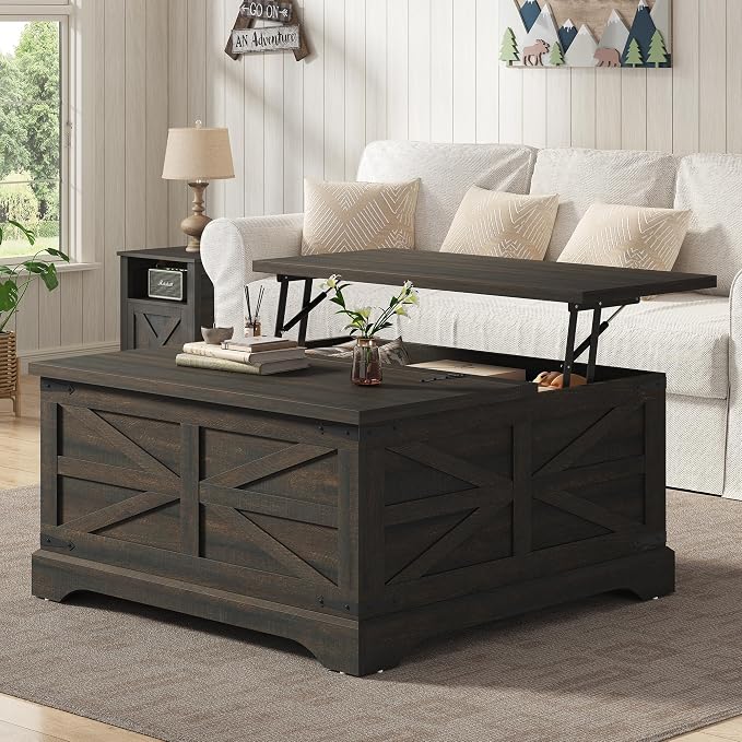 Furnideco 35.5''W Square Coffee Table Farmhouse Lift top Coffee Table by FurnidecoFurniture