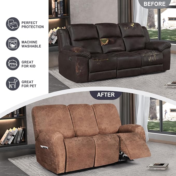 ANARACHON Leather Look Recliner Couch Cover, 8-Pieces Stretch Recliner Sofa - Image 6