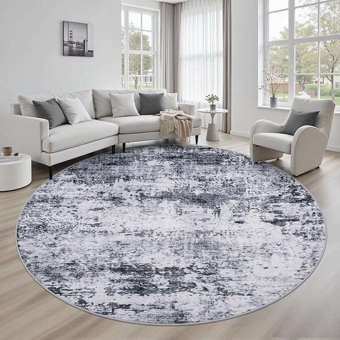 Round Area Rug Living Room: 6 ft Modern Washable Carpet Grey | by FXRHLP