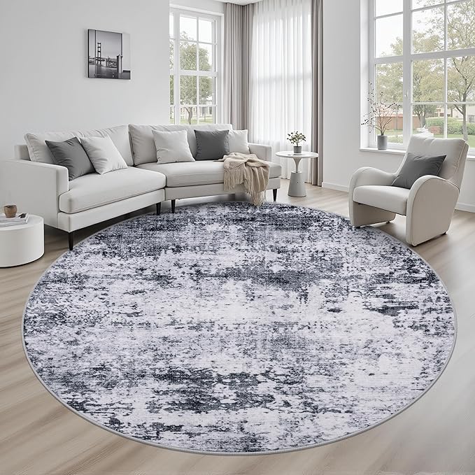 Round Area Rug Living Room: 8 ft Modern Washable Carpet Grey | by FXRHLP