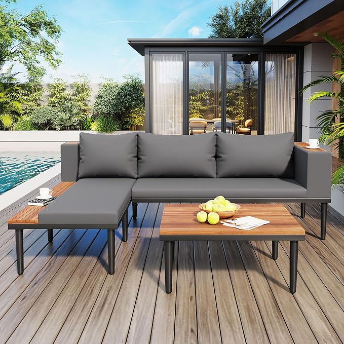 VilroCaz Luxury Outdoor Patio Furniture Set, L-Shaped Acacia Wood Sectional Sofa - Image 3
