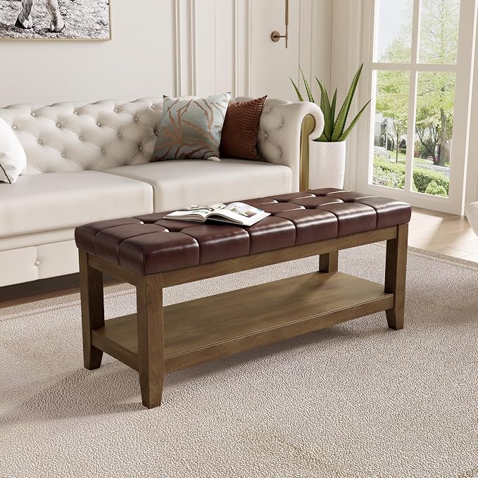 ABHENG Solid Rubber Wood Shoe Bench, Easy-Clean PU Upholstered Seat, 770LB Load - Image 7