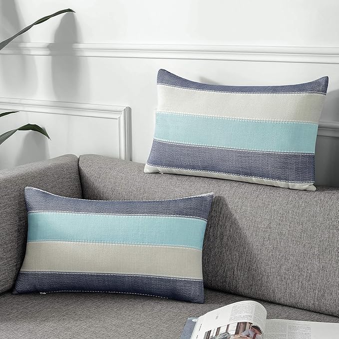 AmHoo Pack of 2 Farmhouse Stripe Check Throw Pillow Covers Set Case Cotton by AmHootextile