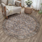 4ft Round Brown Blue Vintage Floral Washable Rug by HUGEAR