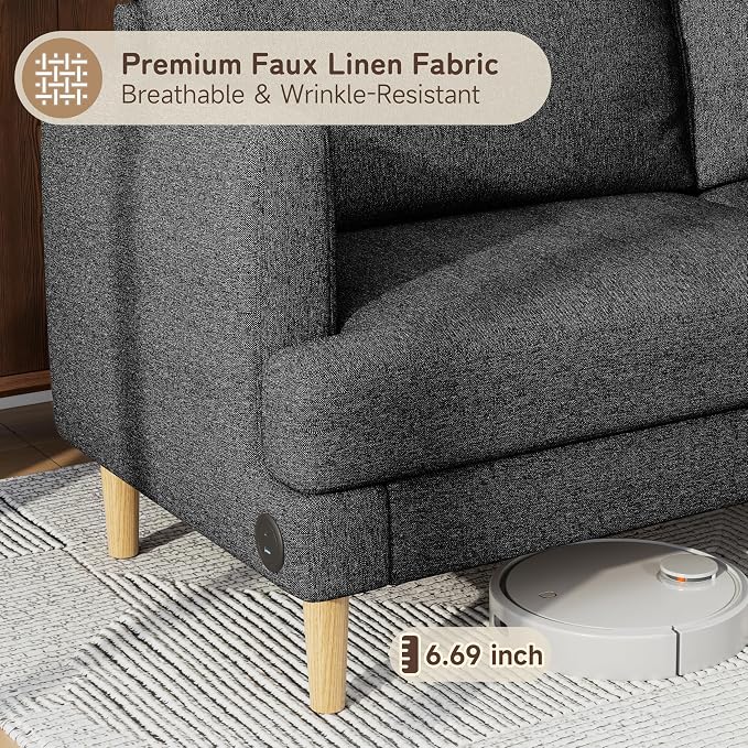 70" Modern Loveseat Sofa with USB Type-C Ports, Linen Fabric 2-Seater Deep Seat - Image 3