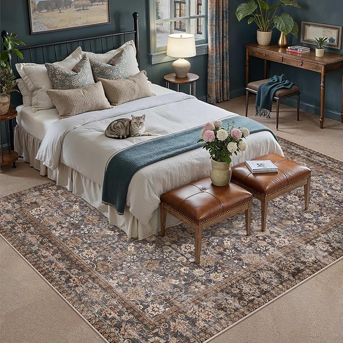 6x9 Brown Blue Vintage Floral Washable Area Rug - Image 3