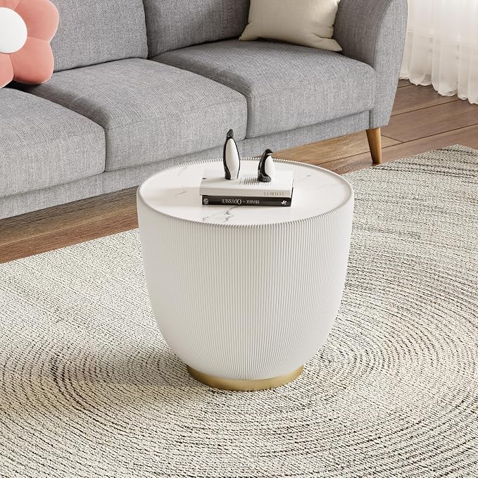 Henf Marble Round Side Table, 19.7" Fluted End Table by Henf