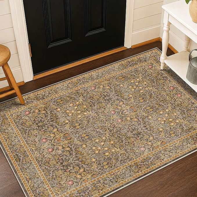 Vintage Gold Brown Entryway Rug, 3x4 Washable Area Rugs by HazoHaus