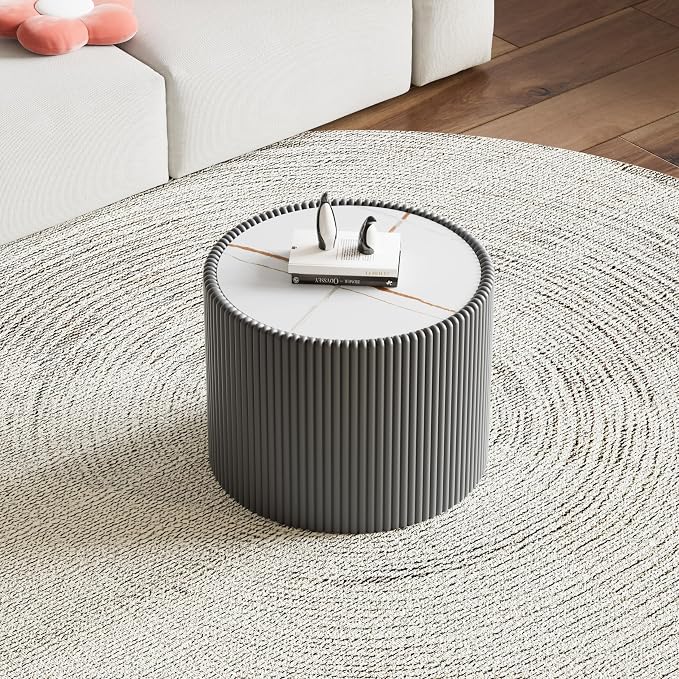 SSLine Round Drum Coffee Table Modern Sintered Stone Top Side End Table in Grey - Image 3