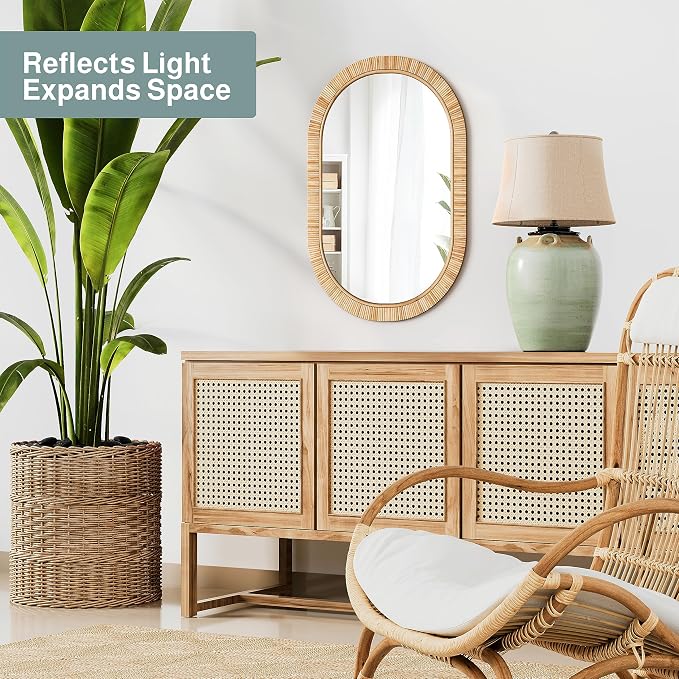 Barnyard Designs Oval Rattan Wall Mirror, Natural Tan Woven Rattan Frame - Image 3