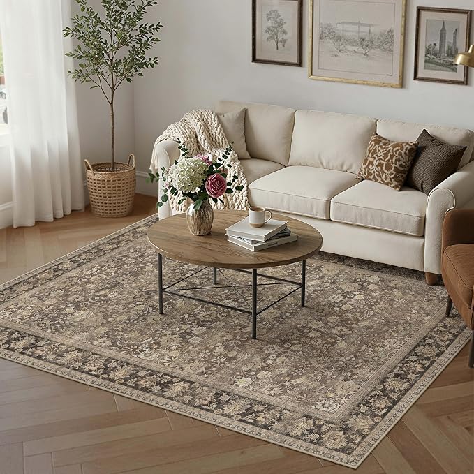 3x5 Washable Area Rug for Entryway | Brown Vintage Floral, Thick Mid Pile - Image 3