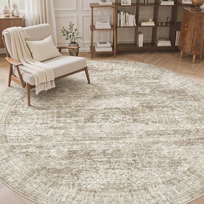 Soalmost Round Rugs 8ft Living Room Circle Area Rug 8x8 Brown Vintage | - Image 4