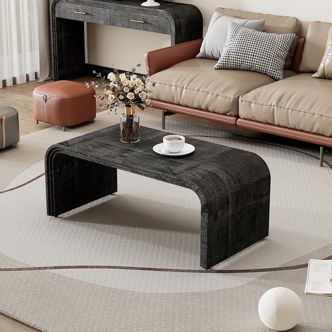 Minimalist Coffee Table with Curved Art Deco Design, Wood Rectangle Center Table by SIYSNKSI