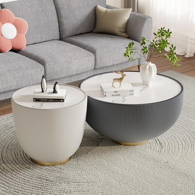 Round Marble Coffee Table Set of 2, 2 Piece White Coffee Table and End Table - Image 3