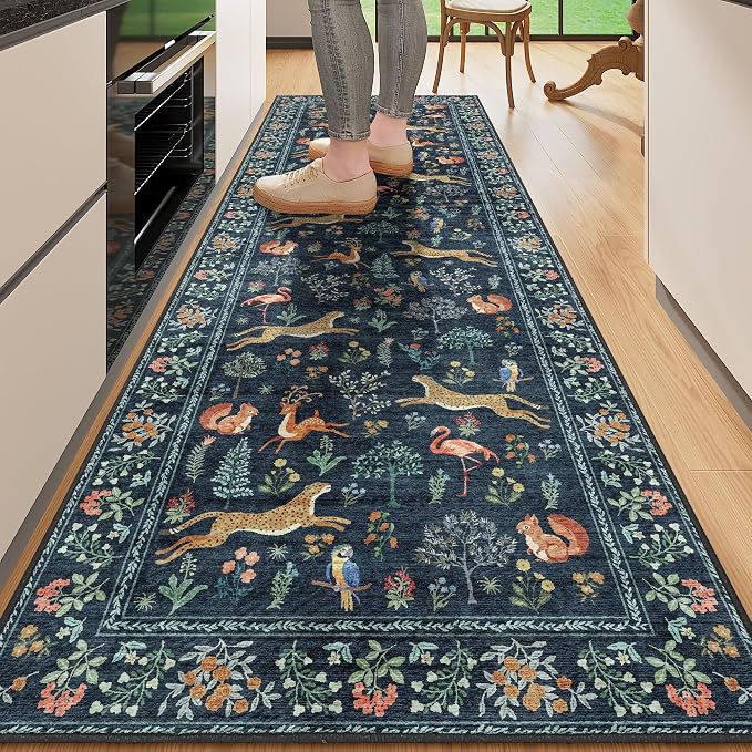 DUKINO 2x10 Kitchen Runner Rug, Soft Non Slip Animal Washable Rug Navy Blue | by DUKINO