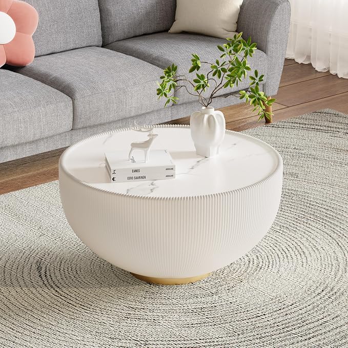 SSLine Bowl-Shape Coffee Table Modern Sintered Stone Top Coffee Table in Cream - Image 3