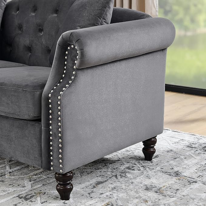 57" Chesterfield Grey Velvet 2-Seater Sofa - Image 9