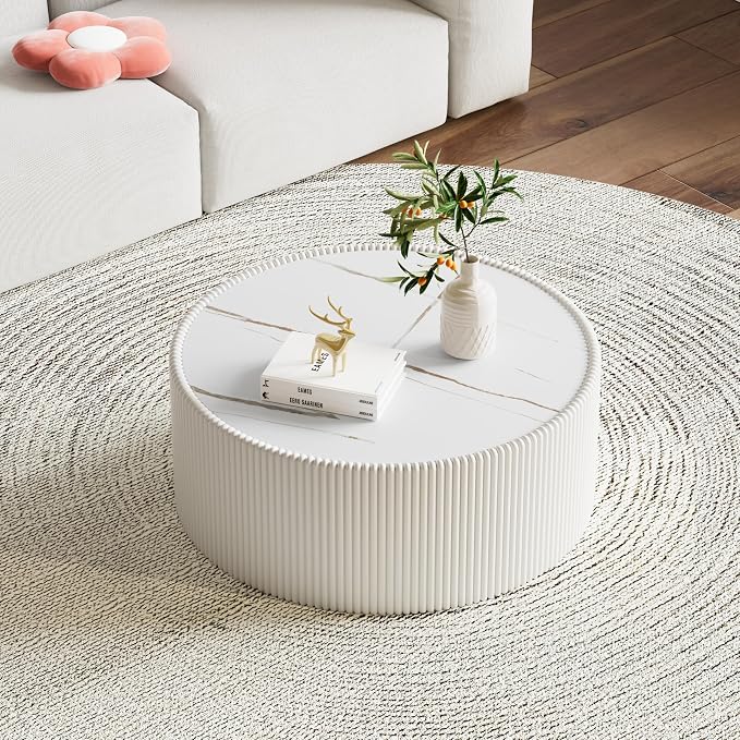 White Marble Round Coffee Table, 29.52" Fluted Coffee Table - Image 3
