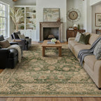 8x10 Green Retro Floral Washable Area Rug by HUGEAR