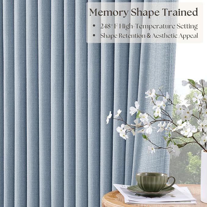 Light Blue Linen Blackout Linen Pleated Dual Layer Curtains 90 Inches Long | - Image 2