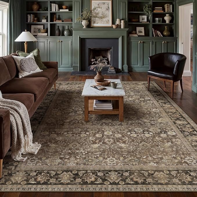 9x12 Brown Vintage Floral Washable Area Rug - Image 3