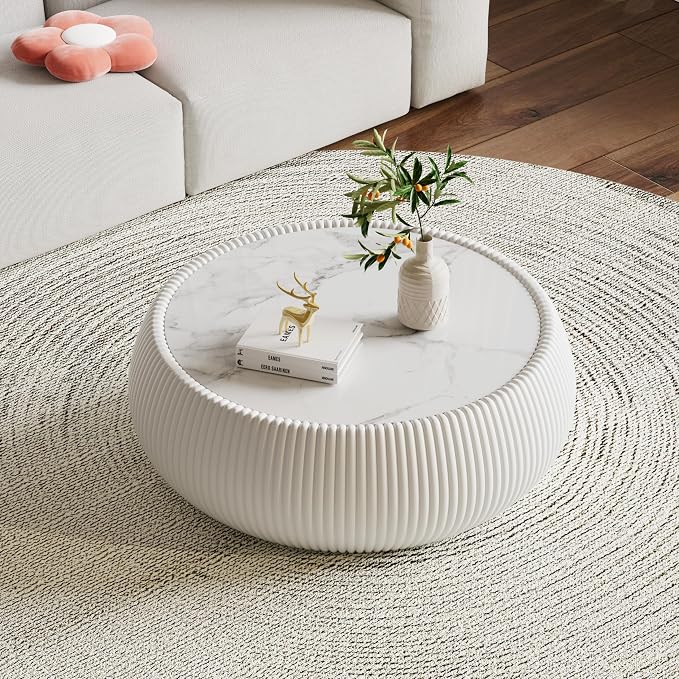 27.55" Round Marble Coffee Table, Modern Drum Coffee Cocktail Center Tables - Image 3
