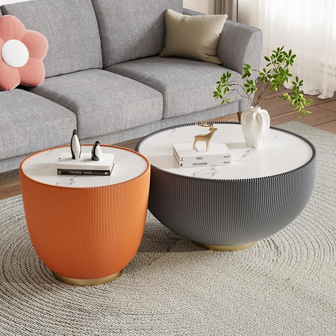 Round Marble Coffee Table Set of 2, 2 Piece White Coffee Table and End Table - Image 3