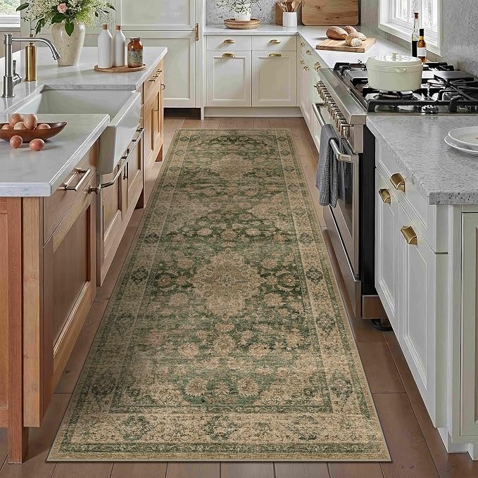 3x10 Green Retro Floral Washable Runner Rug - Image 3